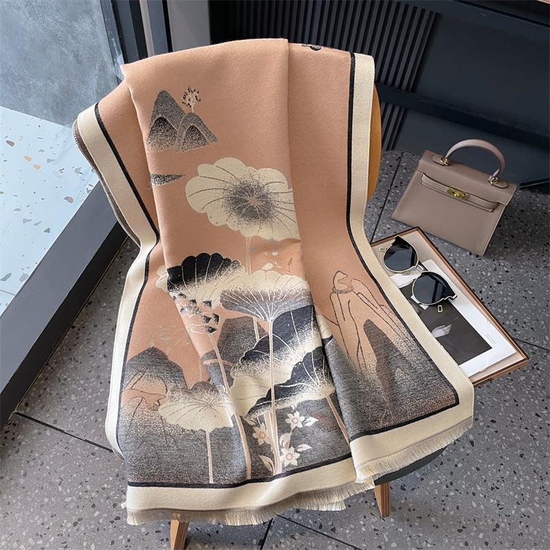 Thickened Warm Imitation Cashmere Scarf Women'S Autumn And Winter Chinese Style Floral Temperament Versatile Shawl To Keep Out The Cold Neck Scarf