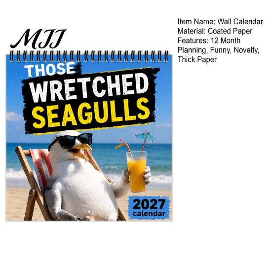 Annual Schedule Organizer Seagull 2027 Wall Calendar, Funny Seaside 12 Monthly Spiral Creative Office Decor Binding Hanging Planner with Thick