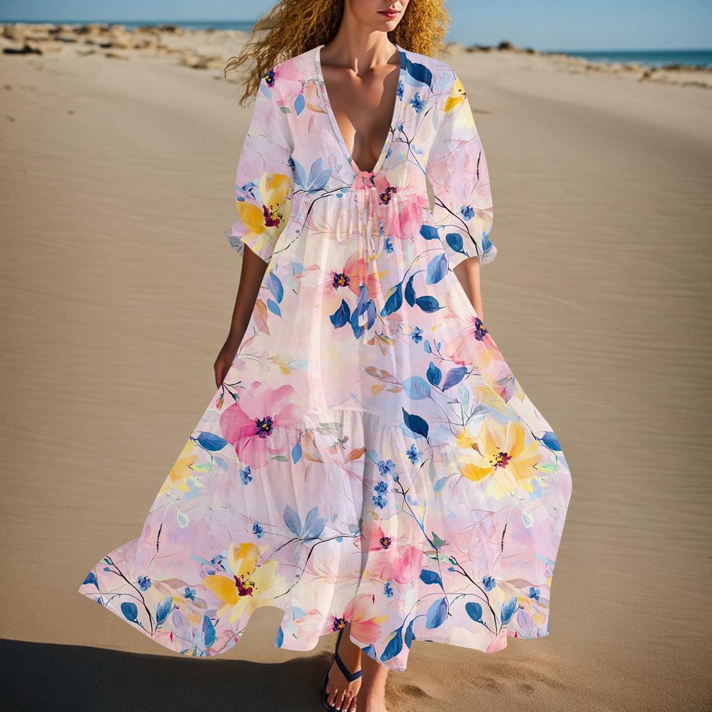 Women's Summer Fashion V-neck Retro Floral Print Short Sleeved Beach Dress With Lace Patchwork Dress