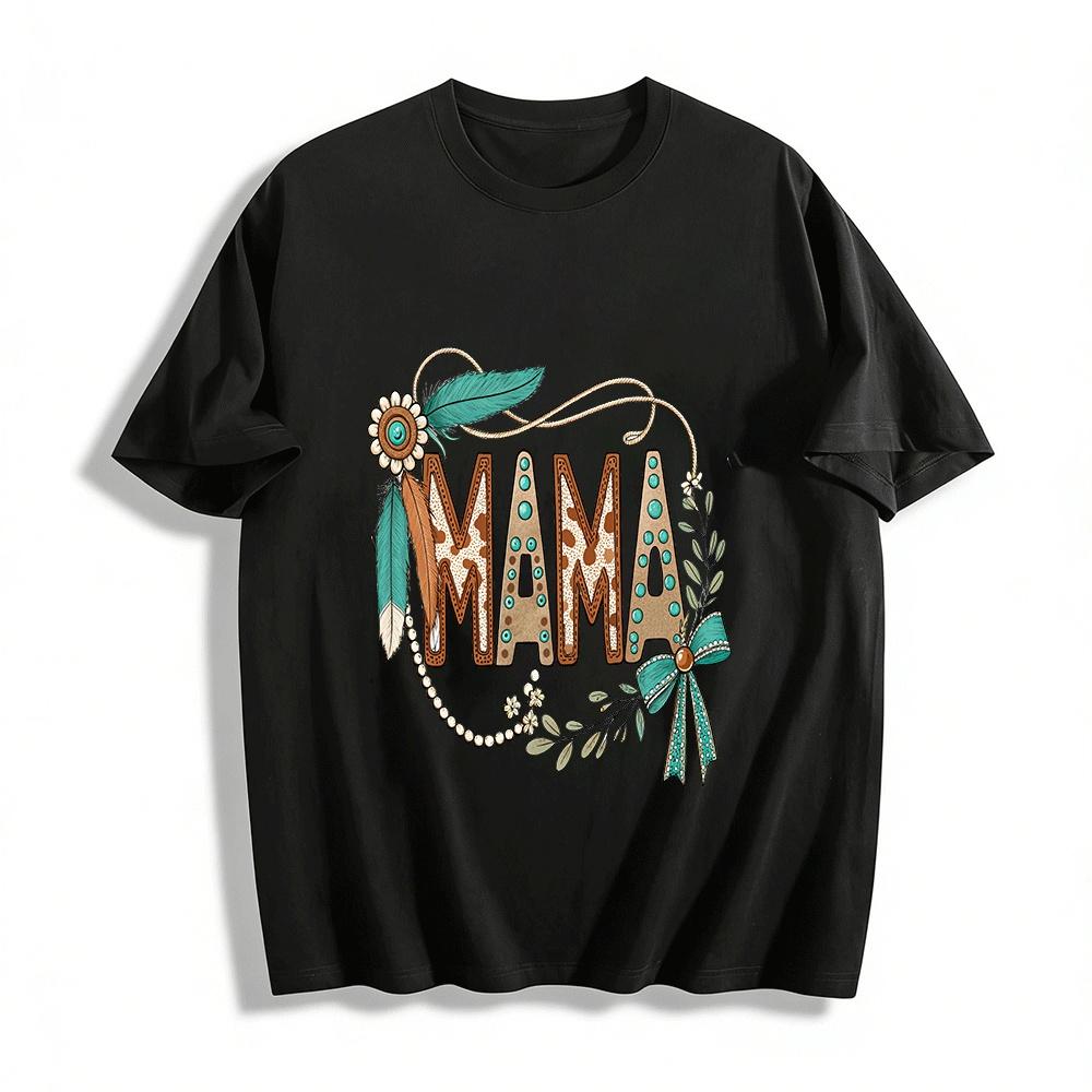 Western Style MAMA Print Retro Ethnic Casual Women s Top Pure cotton T-shirt XXS