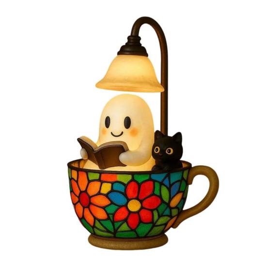 Reading Ghost Cat Night Light Halloween Black Cat White Ghost Cup Lamp Home Bedroom Kids Room Decoration Book Lovers Gift