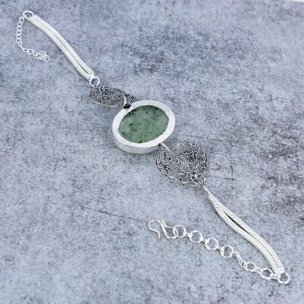 Prehnite Gemstone Handmade 925 Sterling Silver Bracelet 7-8" M-2742