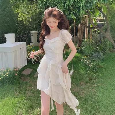 Summer 2024 Women's Fairy Ruffle Irregular White Dress - French-Inspired Design