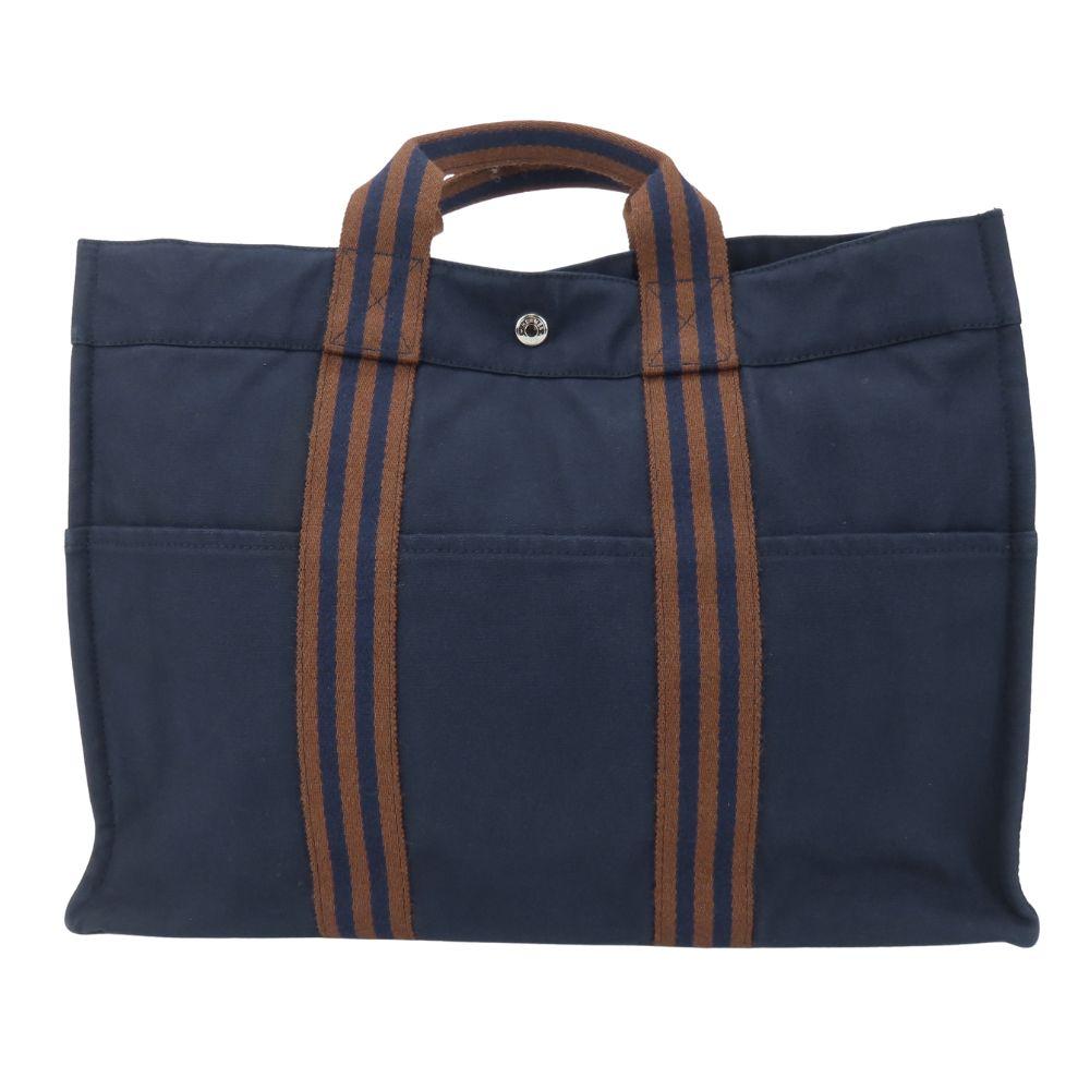 Used HERMES Tote Bag Fool ToeMM Cotton Canvas Navy Brown Business