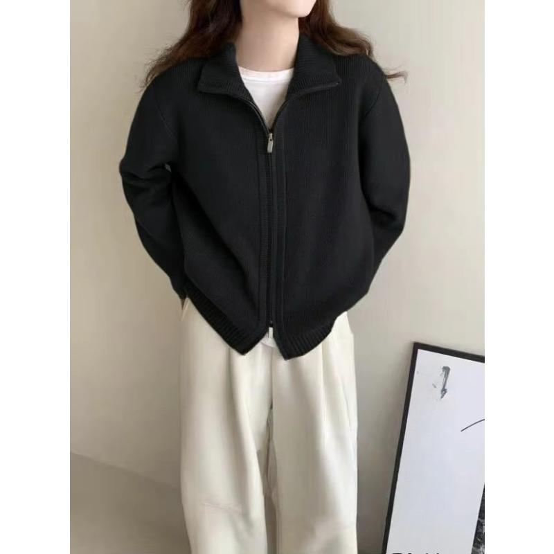 Modischer Strickmantel mit Stehkragen und Doppelreißverschluss für Damen, einfarbig, lässiger Strickcardigan im koreanischen Stil, Herbst Winter Pullover