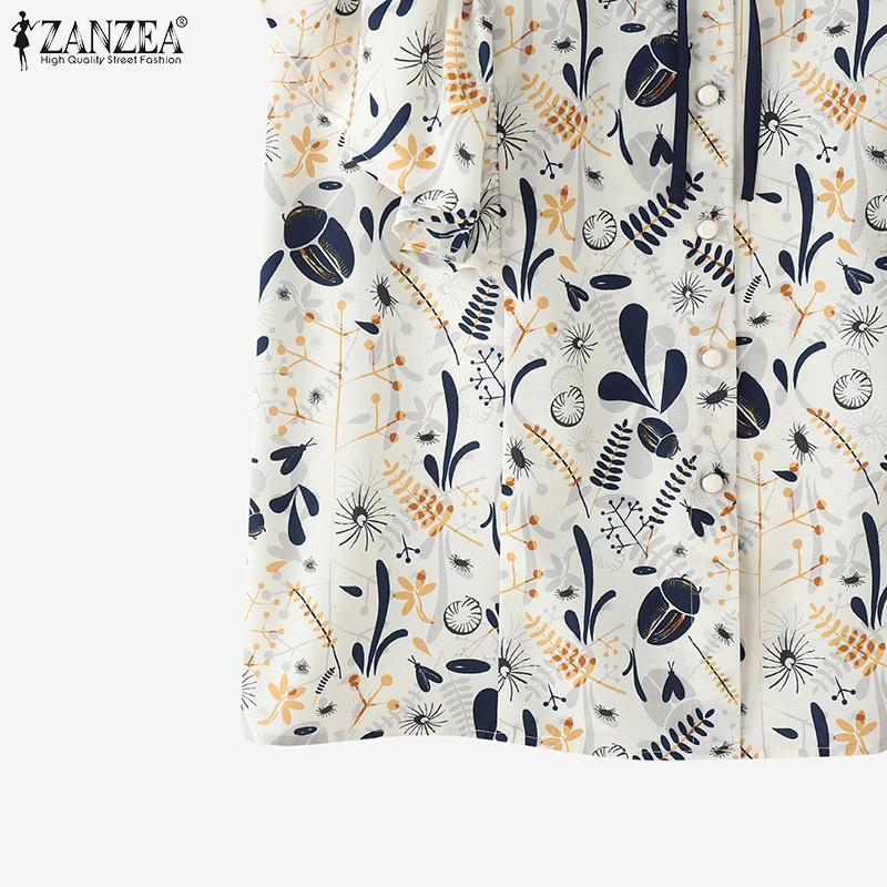 ZANZEA Damen Umlegekragen Locker Sommer Kurzarm Print Bluse