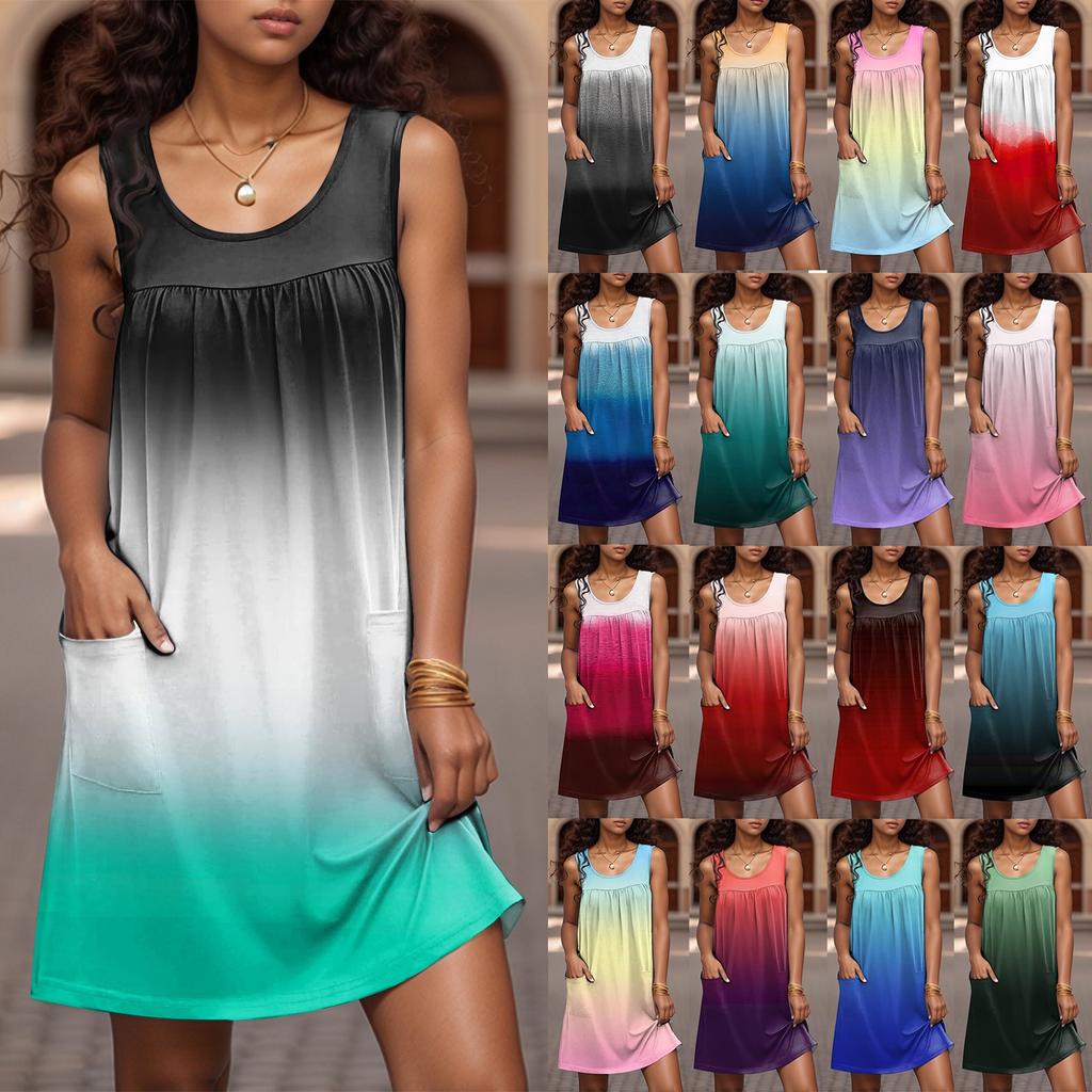 Ladies' Casual And Fashionable Round Neck Sleeveless Loose Printing Pocket Dress