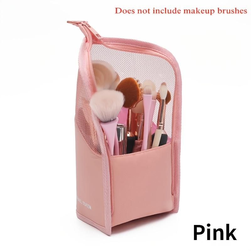 1pc Large Capacity Makeup Brush Organizer Bag with Standing Zipper & Half-Clear Panels - Heavy-Duty Twill Fabric Cosmetic Case