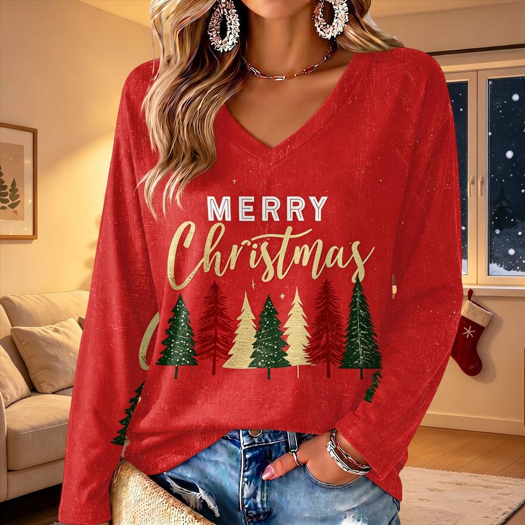 Women's V-Neck Long Sleeve Christmas Print Lightweight Blouse for Spring and Summer