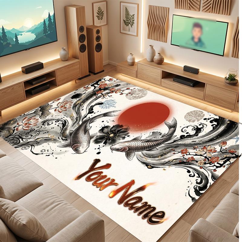 Koi Fish Theme Soft Crystal Velvet Rug Custom Name & Text Print Non Slip Floor Rug for Bedroom Living Room