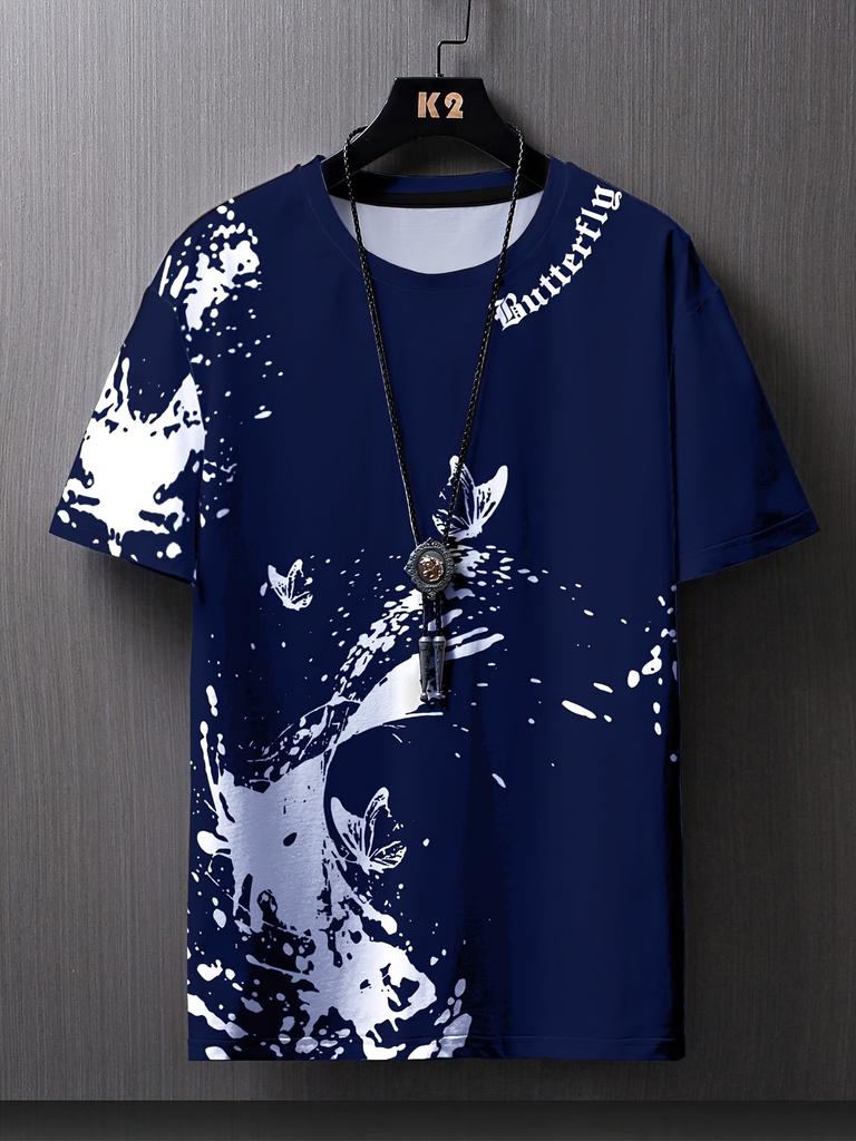 Men's Spring, Summer and Autumn Flat Shoulder Casual Butterfly Print Short-sleeved T-shirt, Suitable for Casual Outings