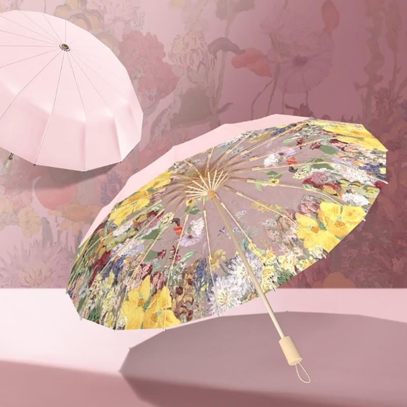 16 Bone Oil Painting Sun Umbrella New Chinese Style Three Fold Umbrella Windroof Strong All Weather for Adult Double Sun Shade