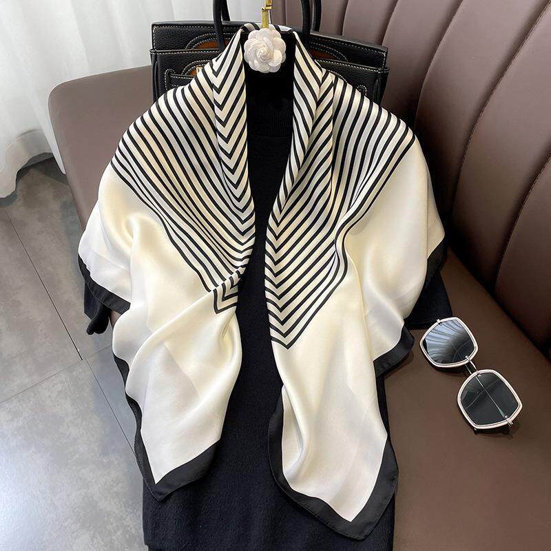 Simple 91cm square scarf ins Han Da striped silk multi-functional scarf fashion day shawl silk scarf light luxury
