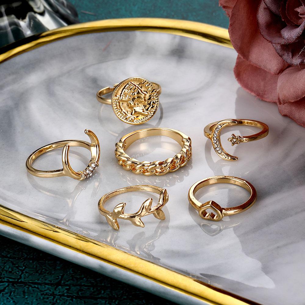 2024 Coin Crescent Leaf Ring Set 6-delt personlig ring Punk stil ring motenøytral trend