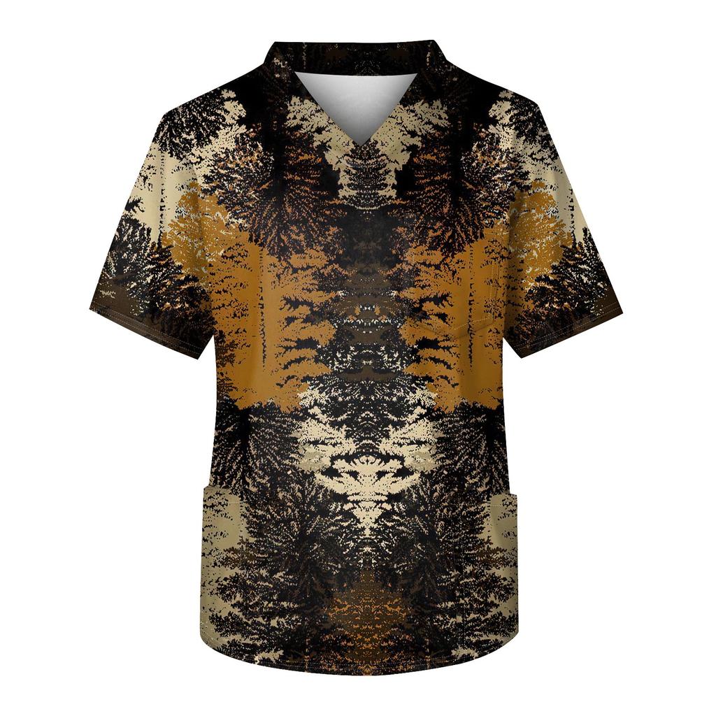 Men's Printing Short Sleeve V-neck Working Blouse Chest Pocket Carer Top