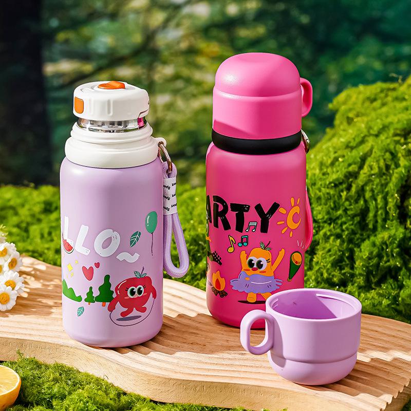 Children's Thermos Cup, Student Portable 316 Stainless Steel with Lid, Straight Drinking Cup, Cute and Fun Graffiti Water Bottle
