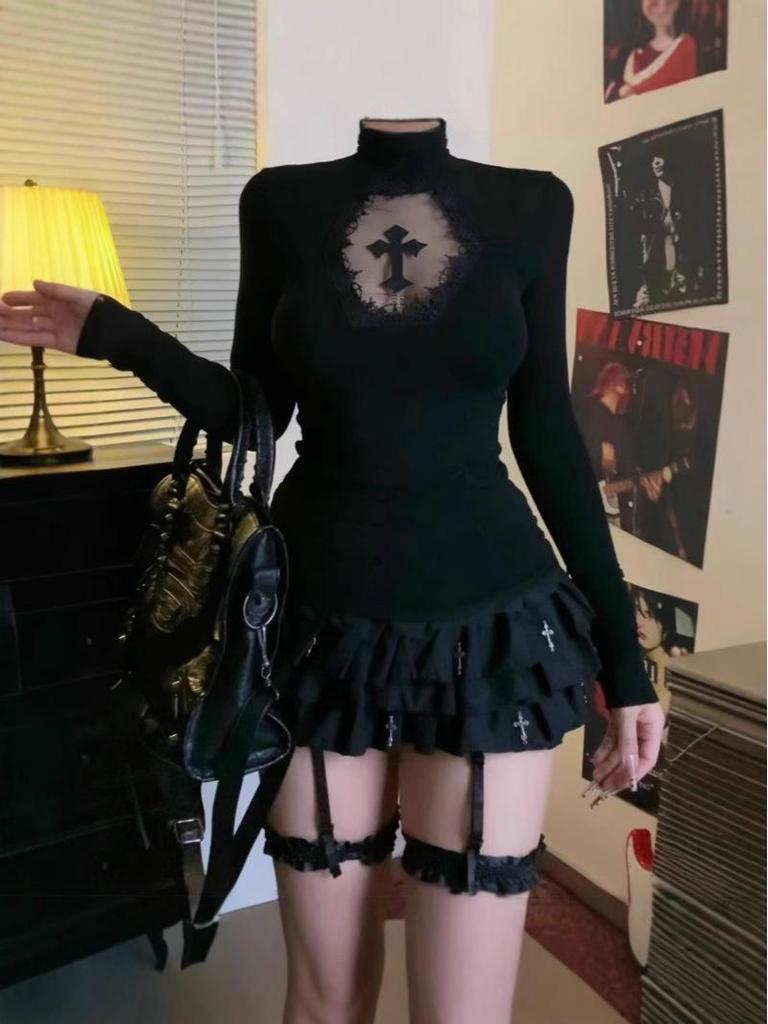 Spicy Gothic Cross Cutout High Neck Transparent Women's Streetwear Top