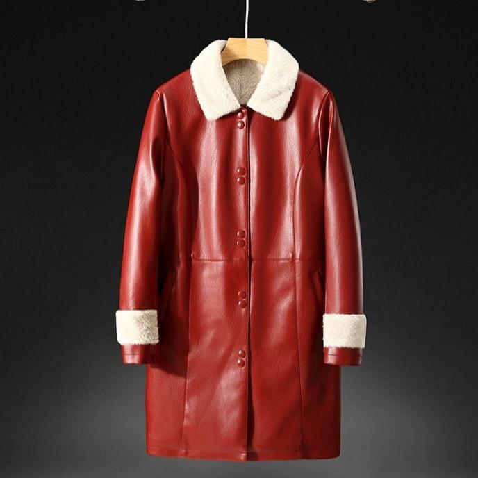 Women's Winter Fleece-lined Leather Jacket Mid-length Turn-down Collar PU Leather Jacket