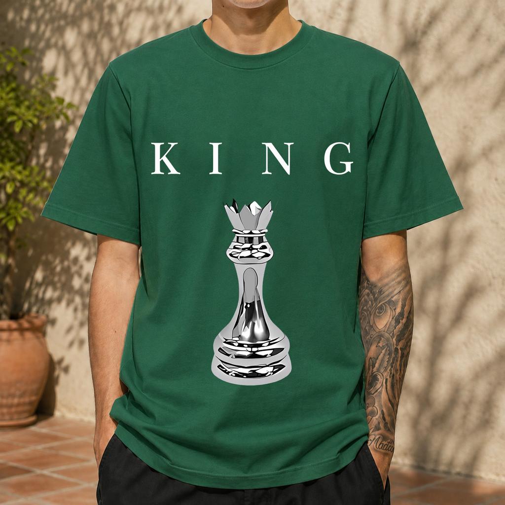 2026 New Pure Cotton Tshirt With Vintage 3d Metallic King Chess Piece Print Crew Neck Casual Short Sleeves