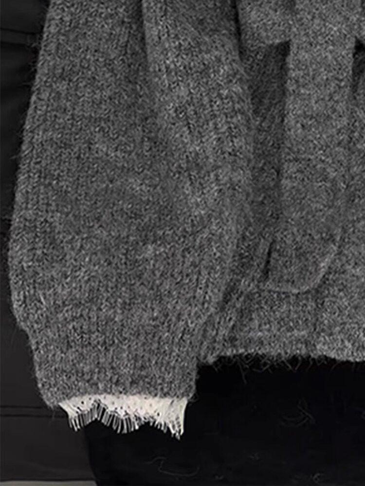 French Lace Patchwork V-Neck Two-Piece Gray Sweater - High-End Autumn/Winter Knitwear for Women