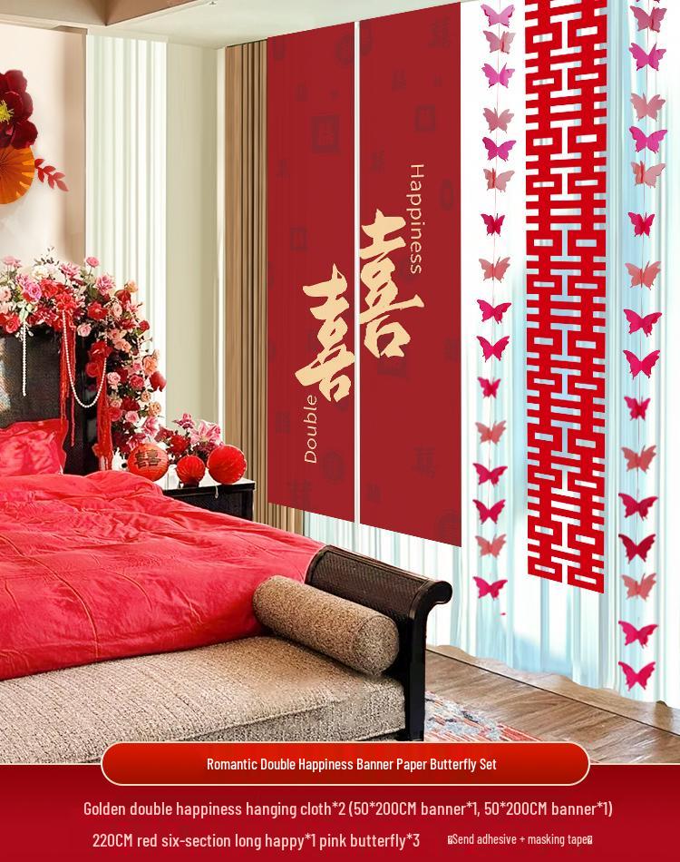 Doppeltes Glück Hochzeitsbanner und Schmetterlingsdekorationsset für Schlafzimmer