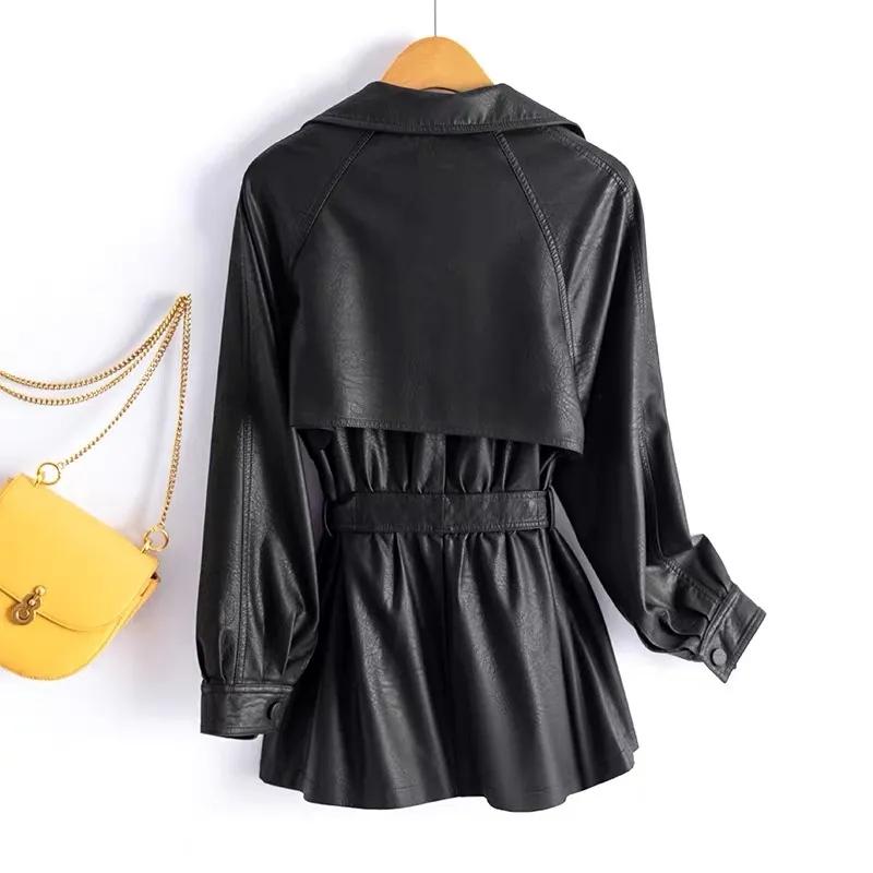 Spring Autumn Women's Strap PU Leather Jacket Fashion Slim Suit Collar Coat Lady Big fur collar Thick Jackets