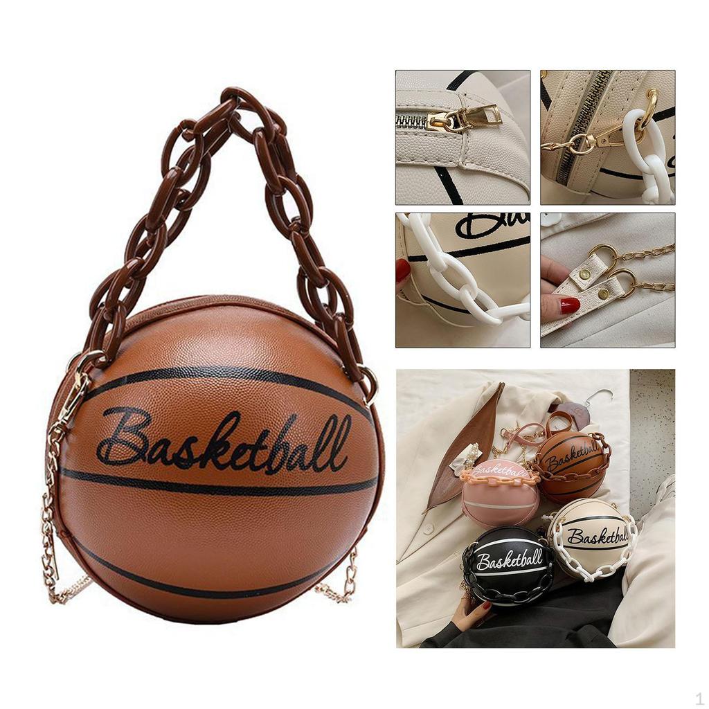 Fashion Women Basketball Bag PU Leather Chain Round Graphic Tote for Gift Shopping Ladies