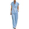 Yousheng Women Cotton Linen 2 Piece Sets Short Sleeve Button Up V Neck And Long Pants Summer Lounge Outfits with Pockets