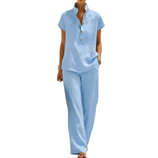 Yousheng Women Cotton Linen 2 Piece Sets Short Sleeve Button Up V Neck And Long Pants Summer Lounge Outfits with Pockets