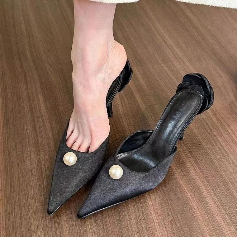 Autumn New Baotou Slippers Women's Fashion Pointed Shallow Mouth Pearl Anti-slip Wear-resistant High Heels