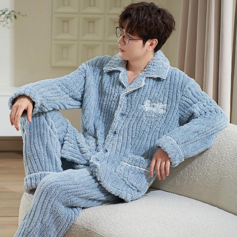 Herren Plüsch Dick Pyjama Set für Herbst/Winter – Warme Haus- & Outdoor-Bekleidung, Übergrößen verfügbar