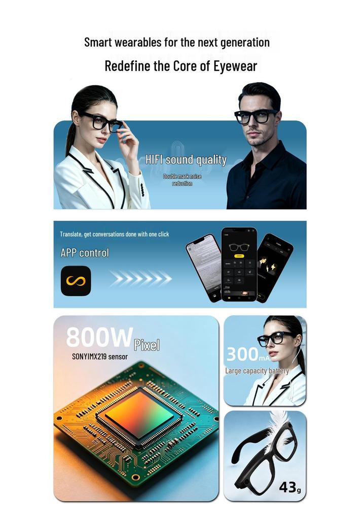 Occhiali Intelligenti AI T100: 800W Video Pixel, Foto, Traduzione, Streaming, Chiamate e Musica.