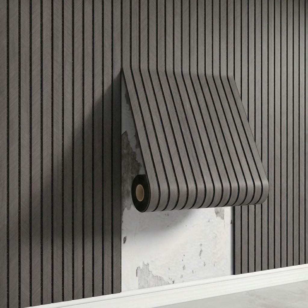 Self-adhesive Wood-grain Slat-effect Wall Sticker – 3D Grooved Grid-stripe Panel Wallpaper Roll