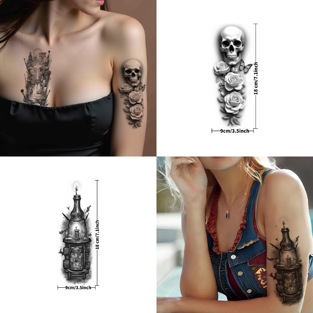 3pcs Temporary Tattoo Black And Grey Realism Horseshoe Desert Landscape Saddle For Men Adults Women