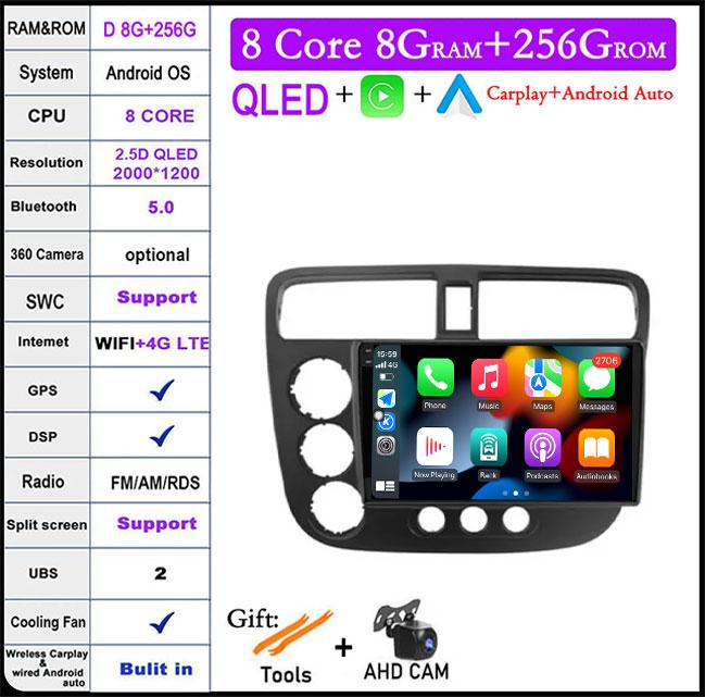 9 Lnch For Honda Civic 7 2000-2006 QLED Android 14 Car Radio Multimedia Video Player GPS AI Voice 4G CarPlay Head Unit Stereo