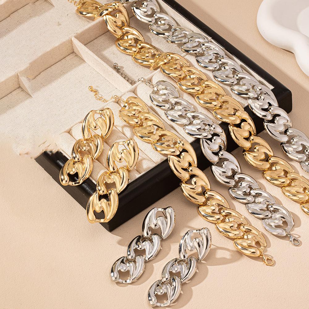 3PCS Zircon Set for Women Gold Copper Color Big Cuban Chains Bracelet Necklace Fashion Chunky Chain Collares Earring Gifts