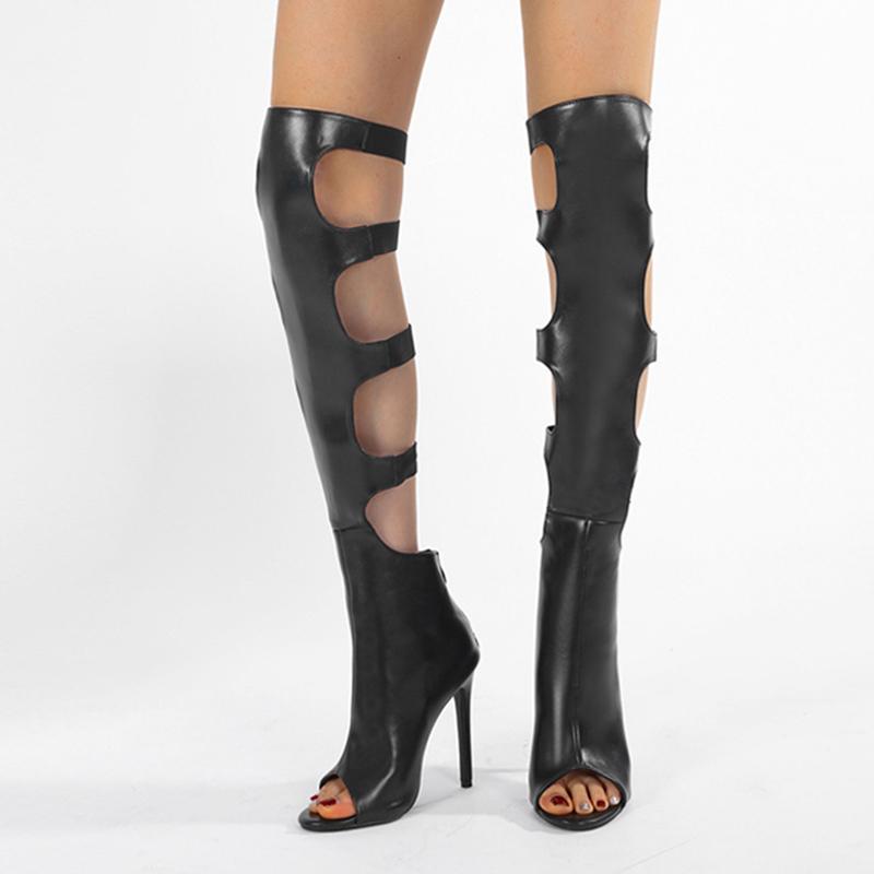 Mote Liyke Sexy Peep Toe Glidelås Utkuttet Lårhøye Støvletter Dame Selskapsdans Latin Moderne Tango Jazz Dansesko Stiletthæler Svart