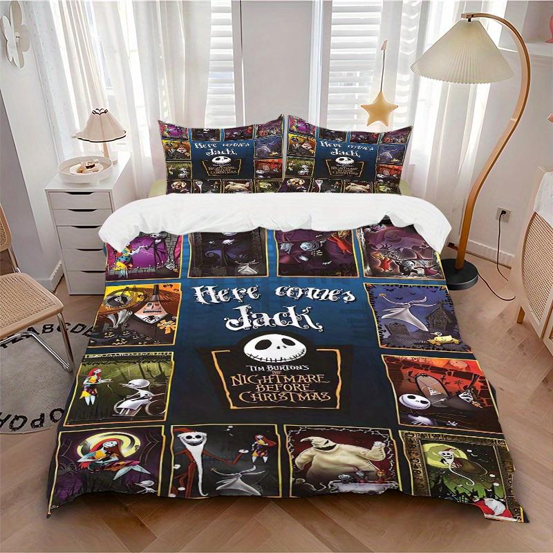 3pcs Jack Skellington Quilt Set, Soft and Comfortable Bedroom, Guest Room and Dorm Decor Bedding Set 1 Quilt Cover + 2 Pillowcases.F052