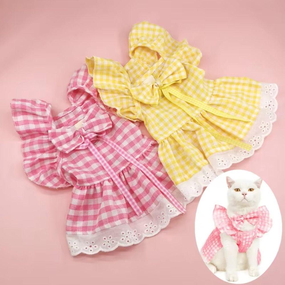 Sweet Plaid Lace Dog Skirt Soft Puppy Fairy Skirt Cat Princess Dress  for Small and Medium Pet
