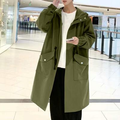 Men Trench Coat Hooded Loose Mid Length Big Pockets Long Sleeve Windproof Solid