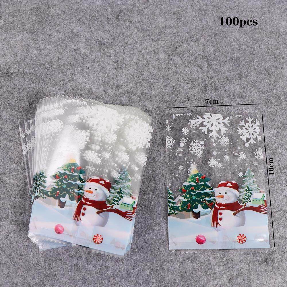 

50/100Pcs Plastic Christmas Snowman Cookie Bags Snowman Snowflake Pattern Thickened Candy Packaging Bags Transparent as pic