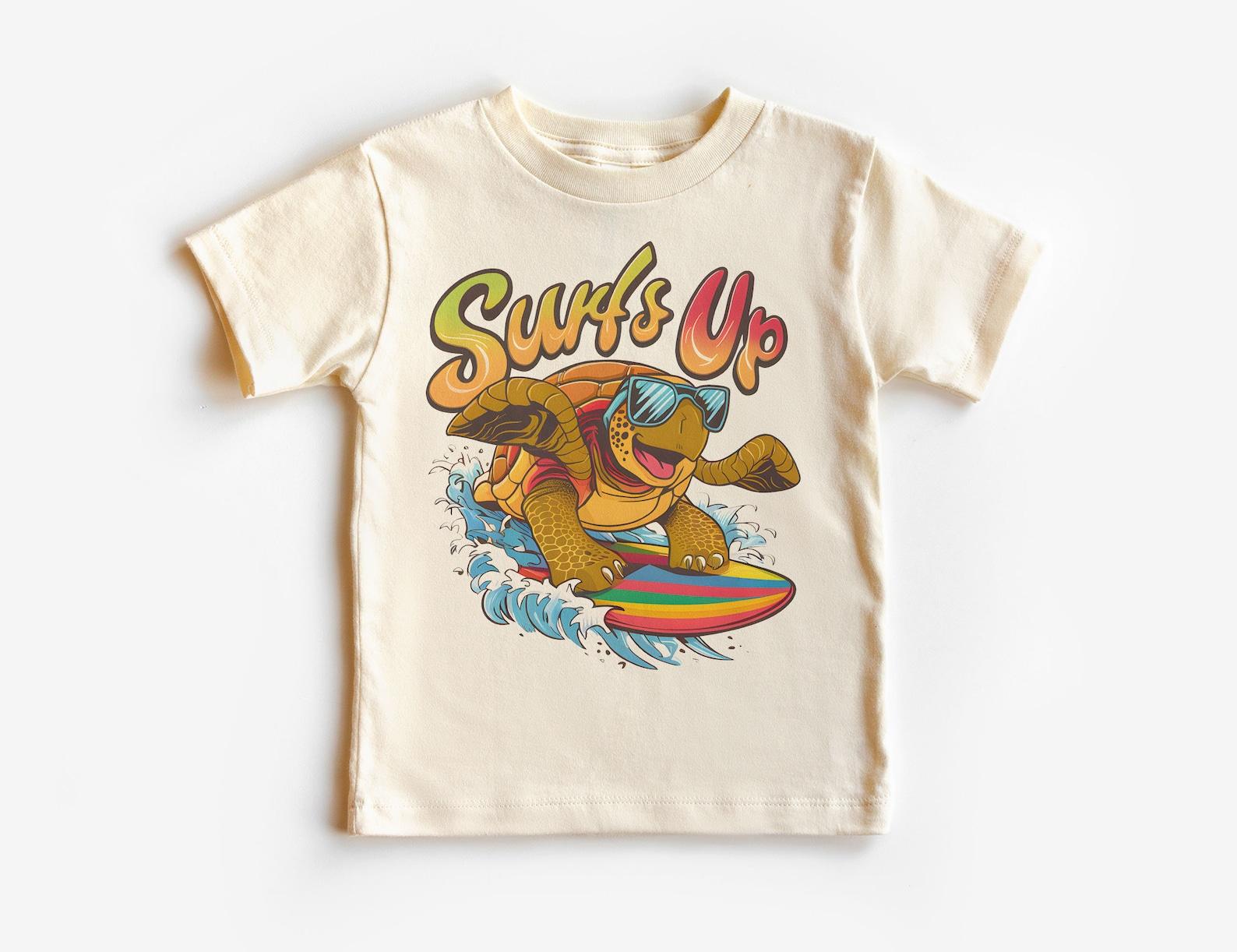 Retro Surfs Up Sea Turtle Unisex Shirt - 90 s Vintage Summer Lil Dude Surfing Kids Outfit - Natural Boho Adult, Unisex & Youth Tee 140