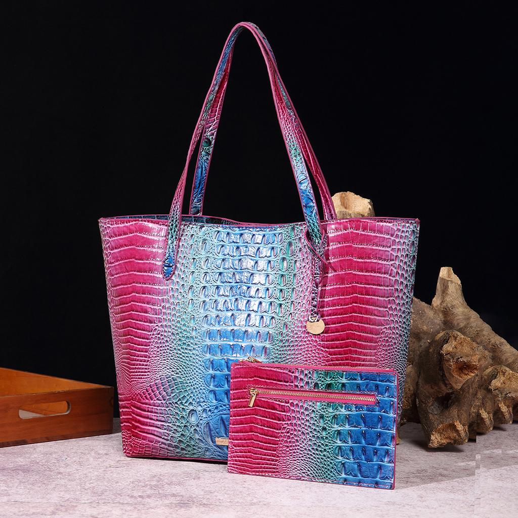 New European and American Handheld Tote Mother Retro Women's Bag with Multi Color Brahmin Crocodile Pattern