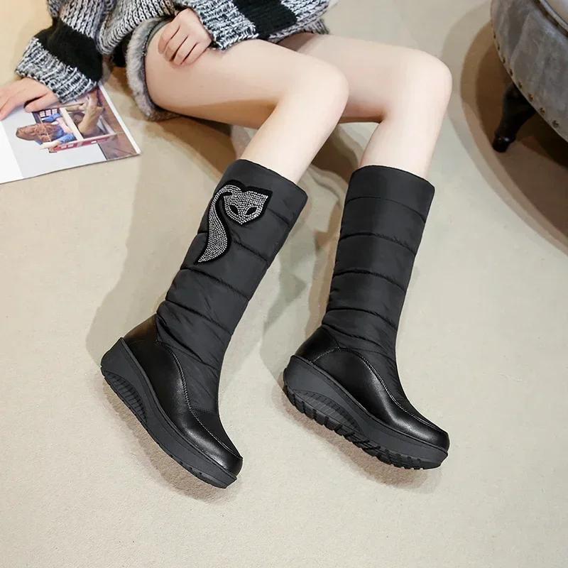 Winter Plush Women Mid-calf Snow Boots Waterproof Down High Wedge Platform Heels Round Toe Casual Lady Crystal Print Half Boots