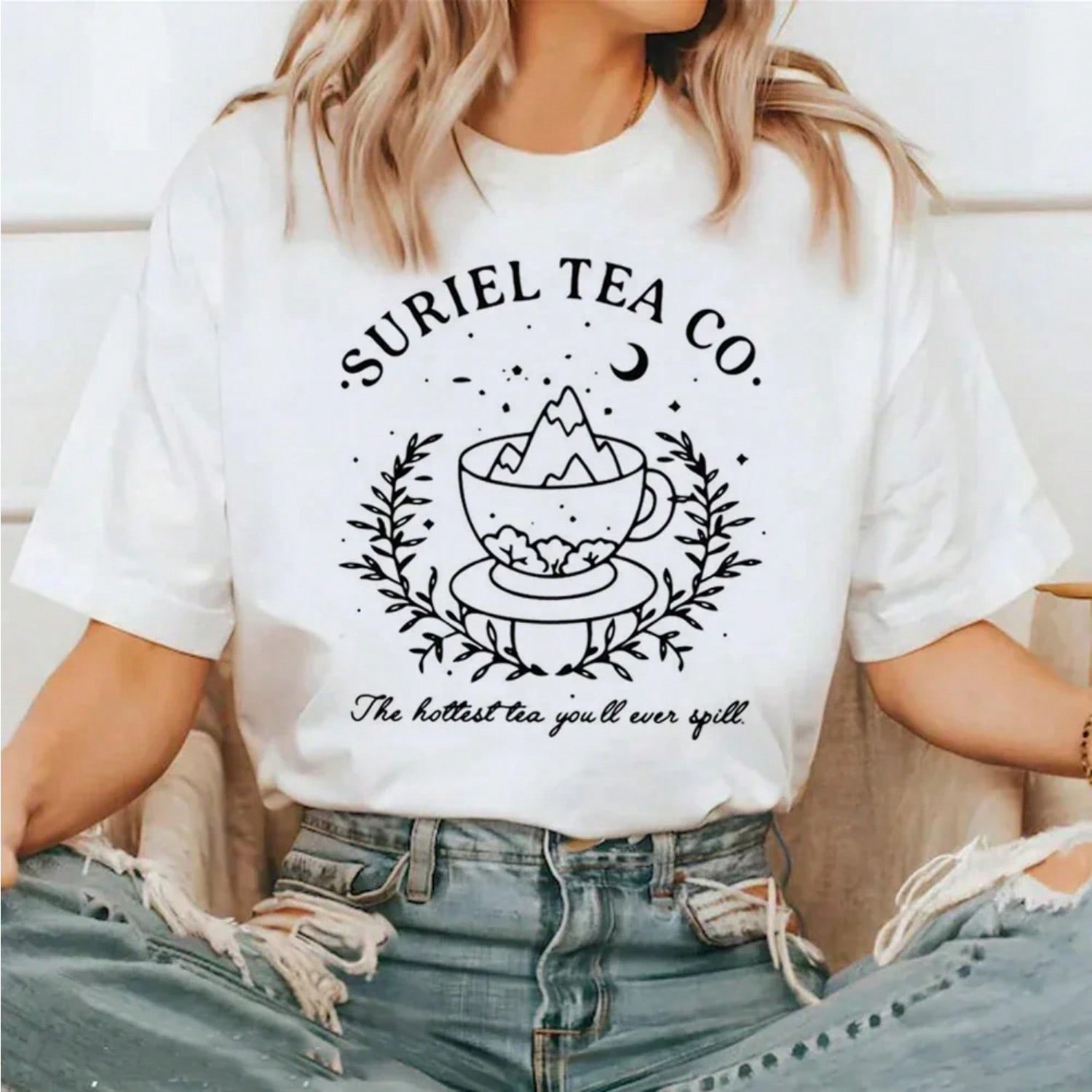 Suriel Tea Printed Pattern Retro T-Shirt Round Neck Casual Printed Top Cartoon Casual Style T-Shirt S