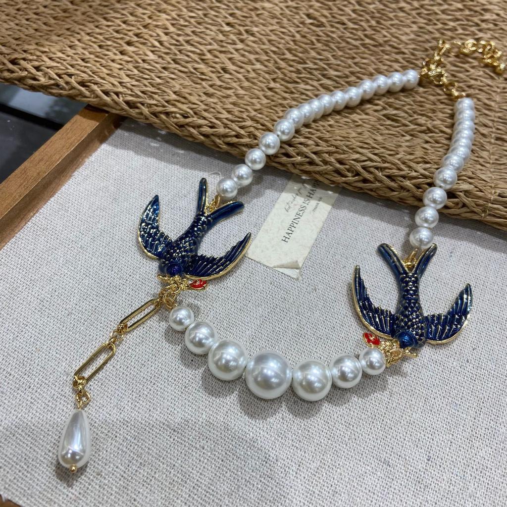 Imitation Beaded Swallow Water Drop Sweater Chain Resort Style Retro Personality Niche High Sense Fashion Necklace