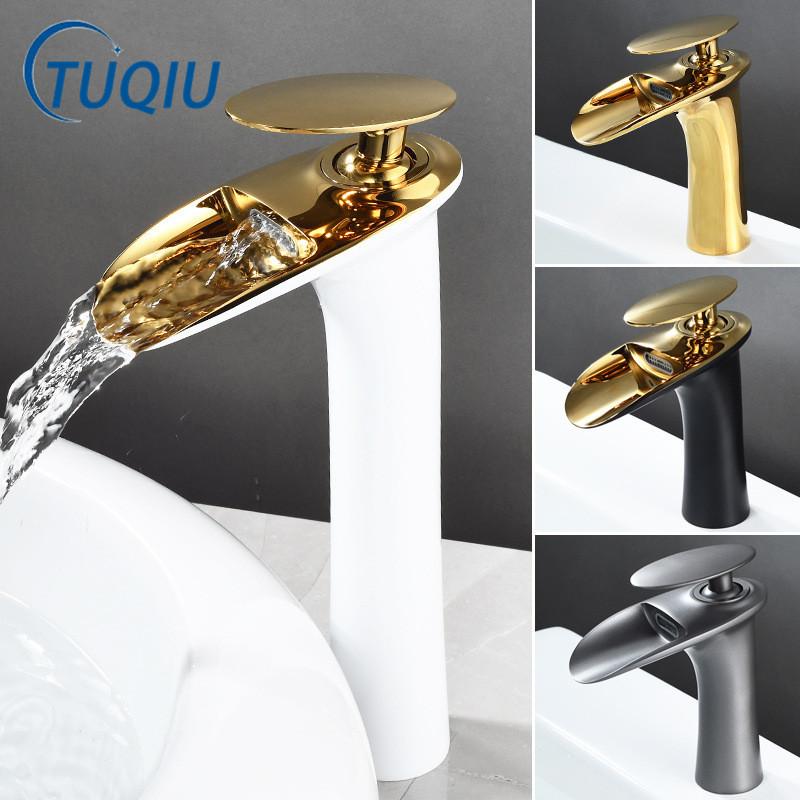 Tuqiu Bathroom Faucet Brass Gold White Bathroom Basin Faucet Cold Hot Waterfall Mixer Sink Tap Deck Mounted Black White Tap