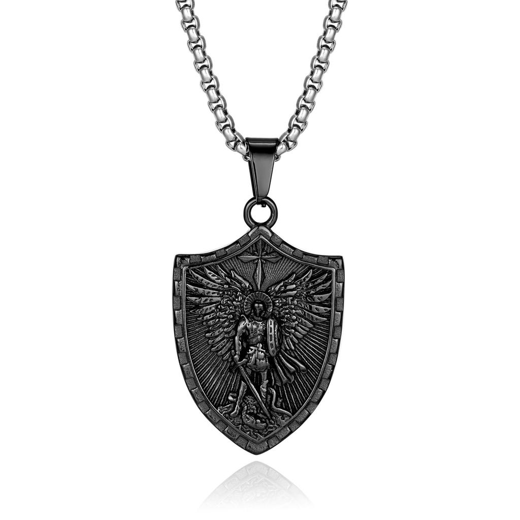 Saint Michael Archangel Stainless Steel Pendant Men's Necklace - Warrior Angel with Sword and Shield