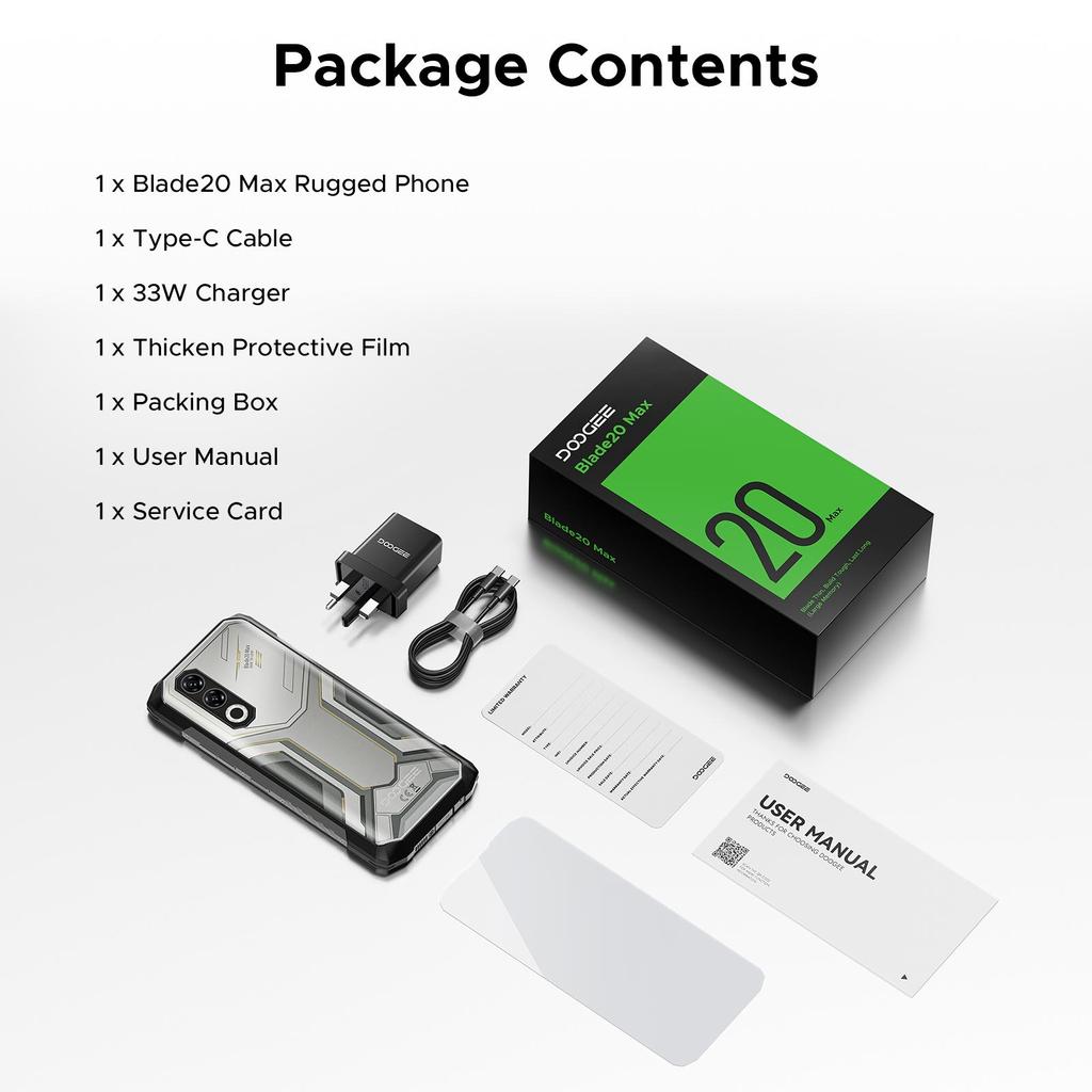 Doogee Blade 20 Max Android 15 Odolný smartphone, 36 GB + 1 TB ROM/TF 2 TB, 11800 mAh/33 W, 6,6 palce 120 Hz + 64 MP, 3 sloty na karty/4G SIM/NFC/GPS/ID obličeje