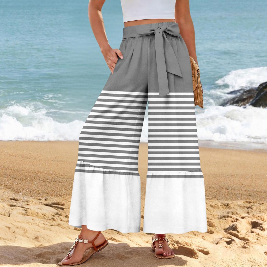 Pantalon décontracté large pour femme, Stretch, Taille haute, Ourlet à volants, Jambes larges, Ceinture, Et poches